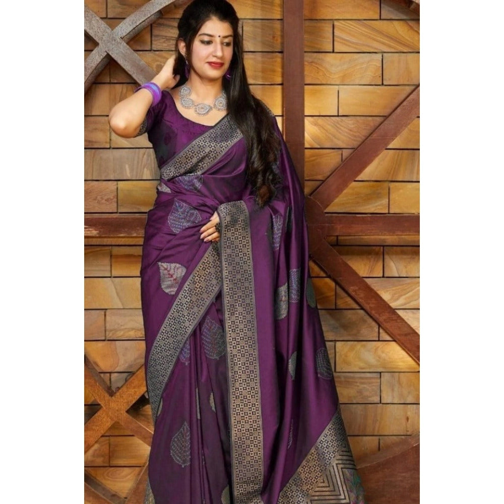 Snuggle Spot Women's Litchi silk Printed Saree With Unstitched Blouse (Purple)