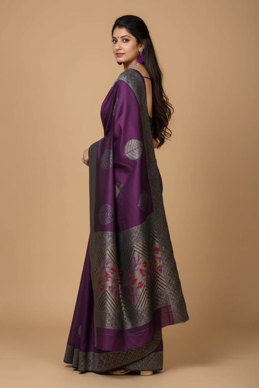 Snuggle Spot Women's Litchi silk Printed Saree With Unstitched Blouse (Purple)