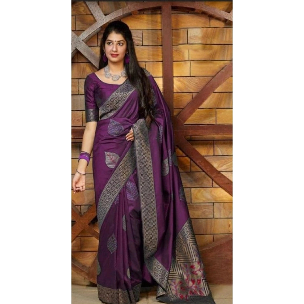 Snuggle Spot Women's Litchi silk Printed Saree With Unstitched Blouse (Purple)