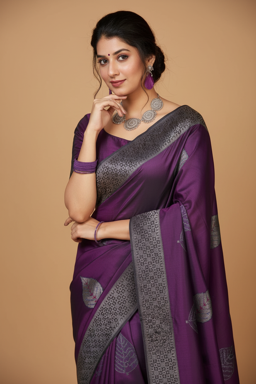 Snuggle Spot Women's Litchi silk Printed Saree With Unstitched Blouse (Purple)
