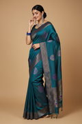 Snuggle Spot Women's Litchi silk Printed Saree With Unstitched Blouse (Rama Blue)