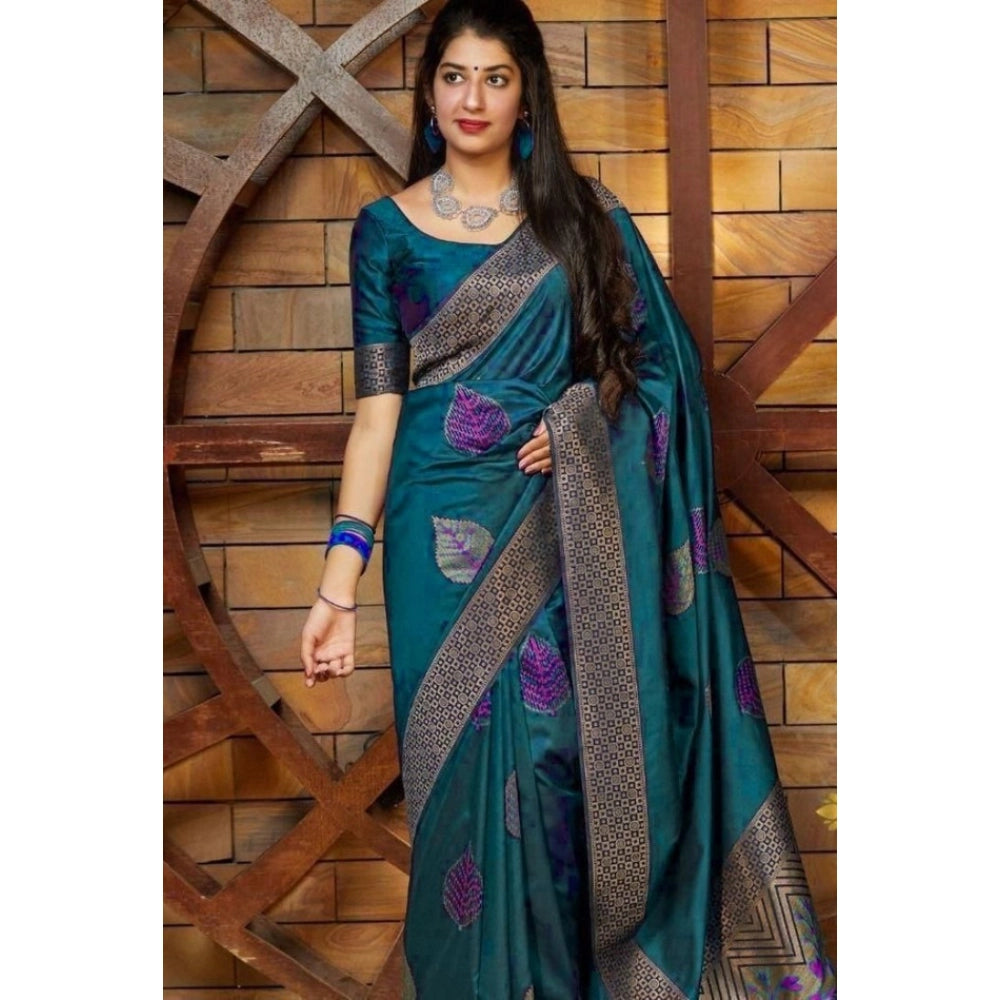 Snuggle Spot Women's Litchi silk Printed Saree With Unstitched Blouse (Rama Blue)