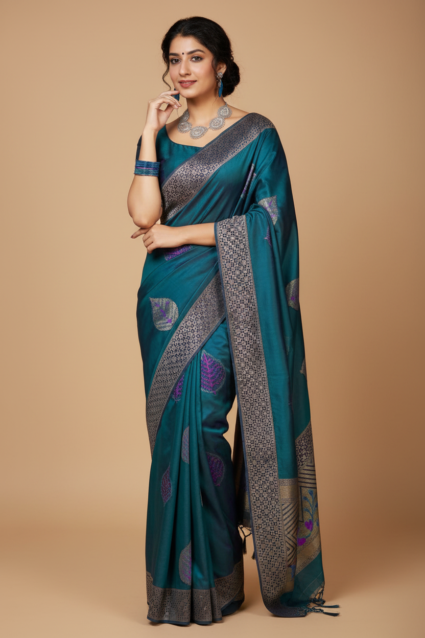 Snuggle Spot Women's Litchi silk Printed Saree With Unstitched Blouse (Rama Blue)