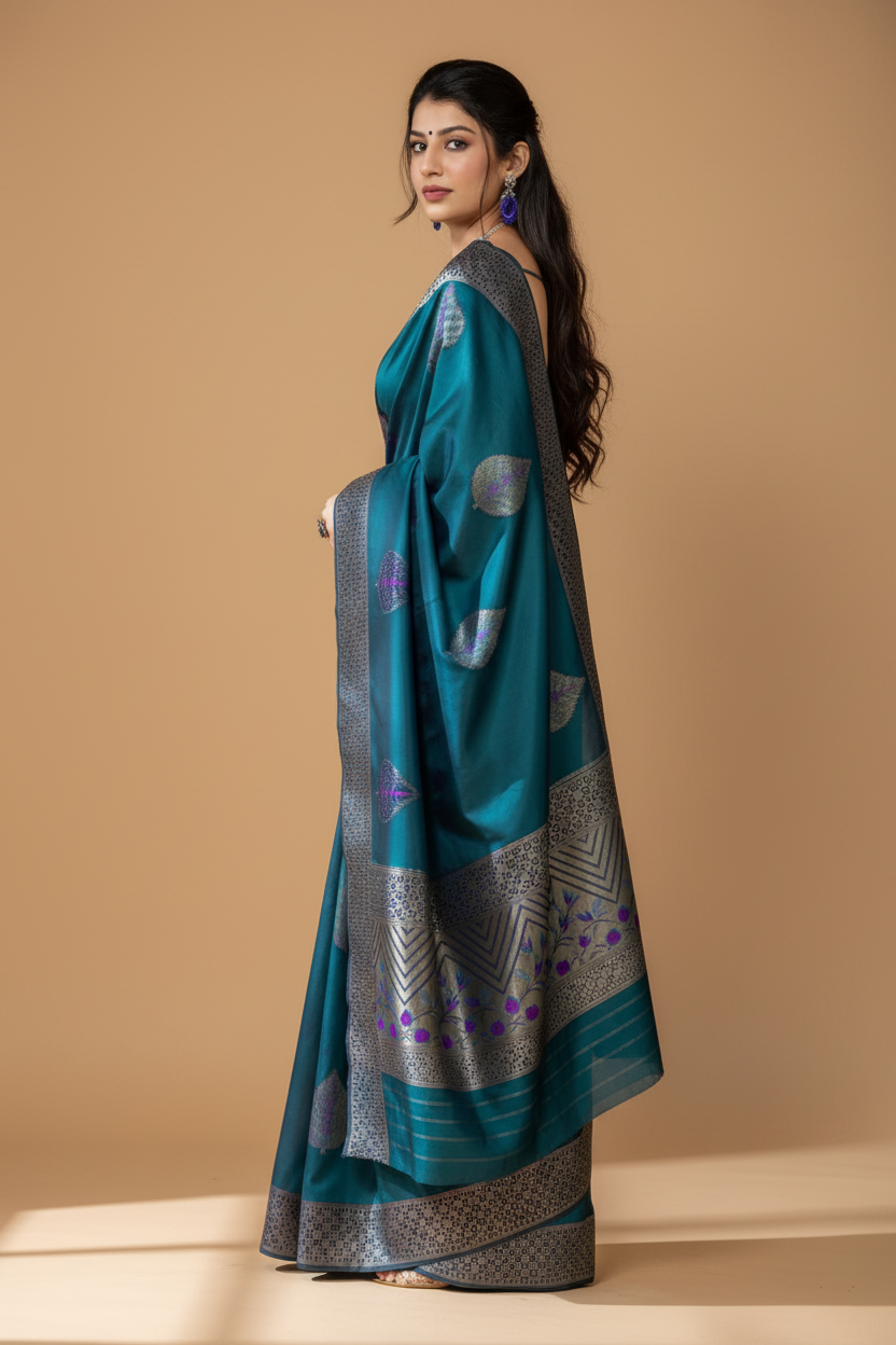 Snuggle Spot Women's Litchi silk Printed Saree With Unstitched Blouse (Rama Blue)