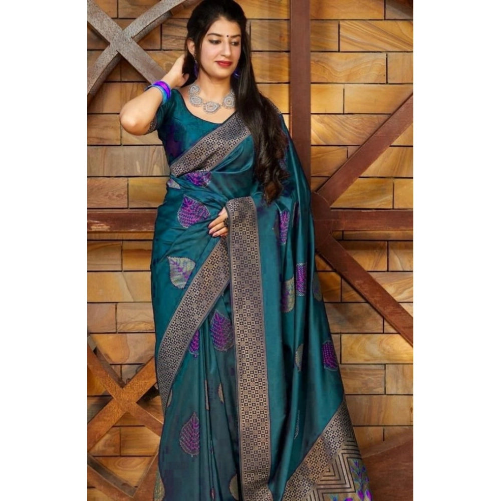 Snuggle Spot Women's Litchi silk Printed Saree With Unstitched Blouse (Rama Blue)
