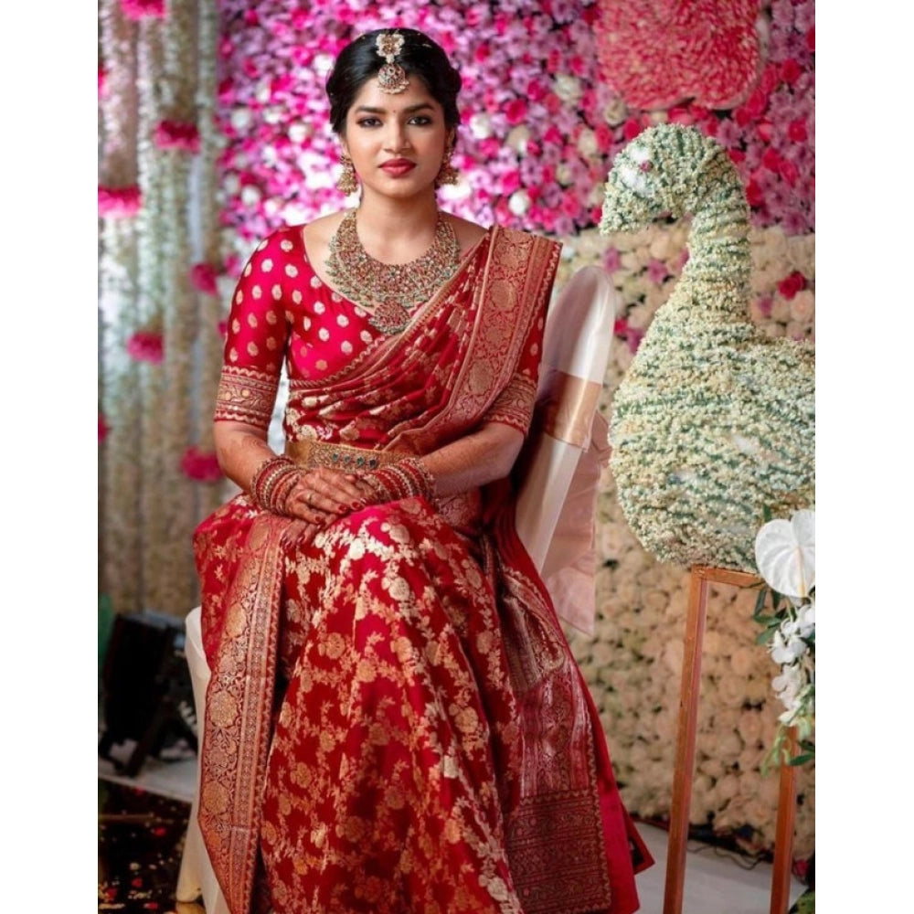 Snuggle Spot Women's Litchi silk Printed Saree With Unstitched Blouse (Red)