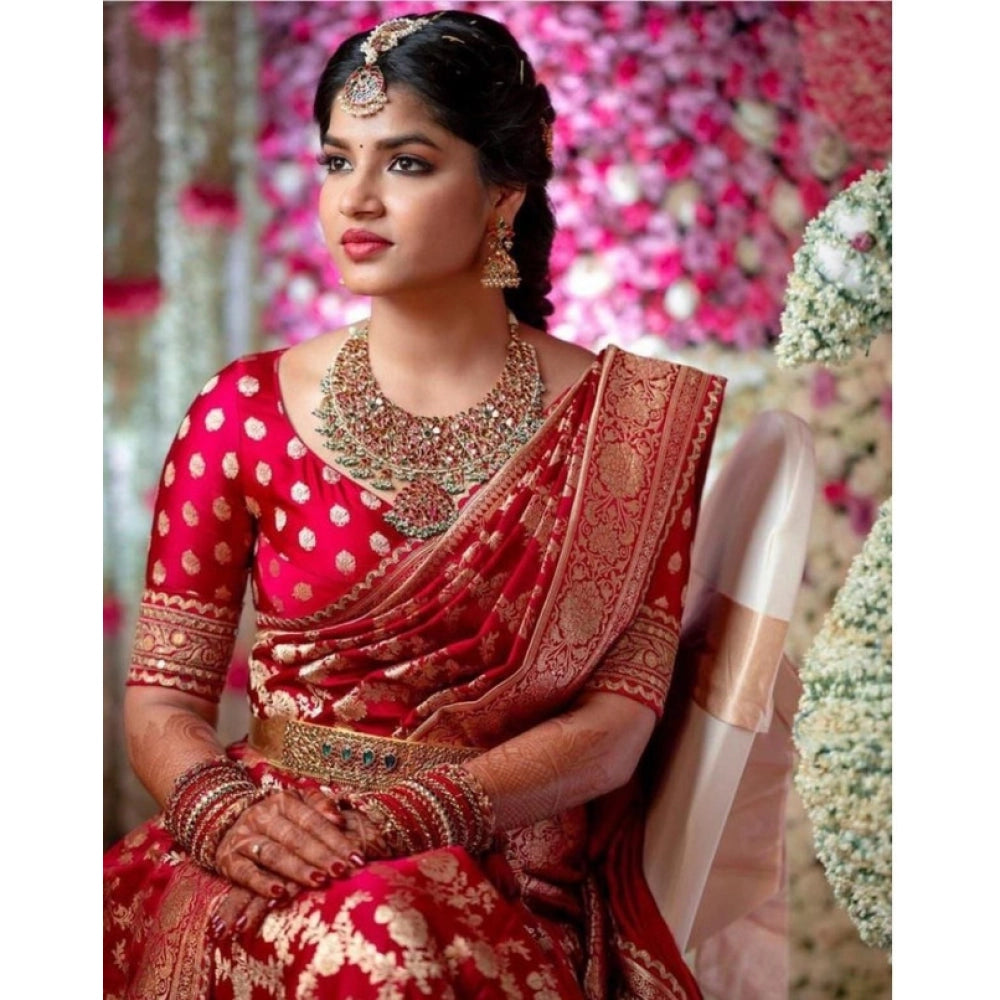 Snuggle Spot Women's Litchi silk Printed Saree With Unstitched Blouse (Red)