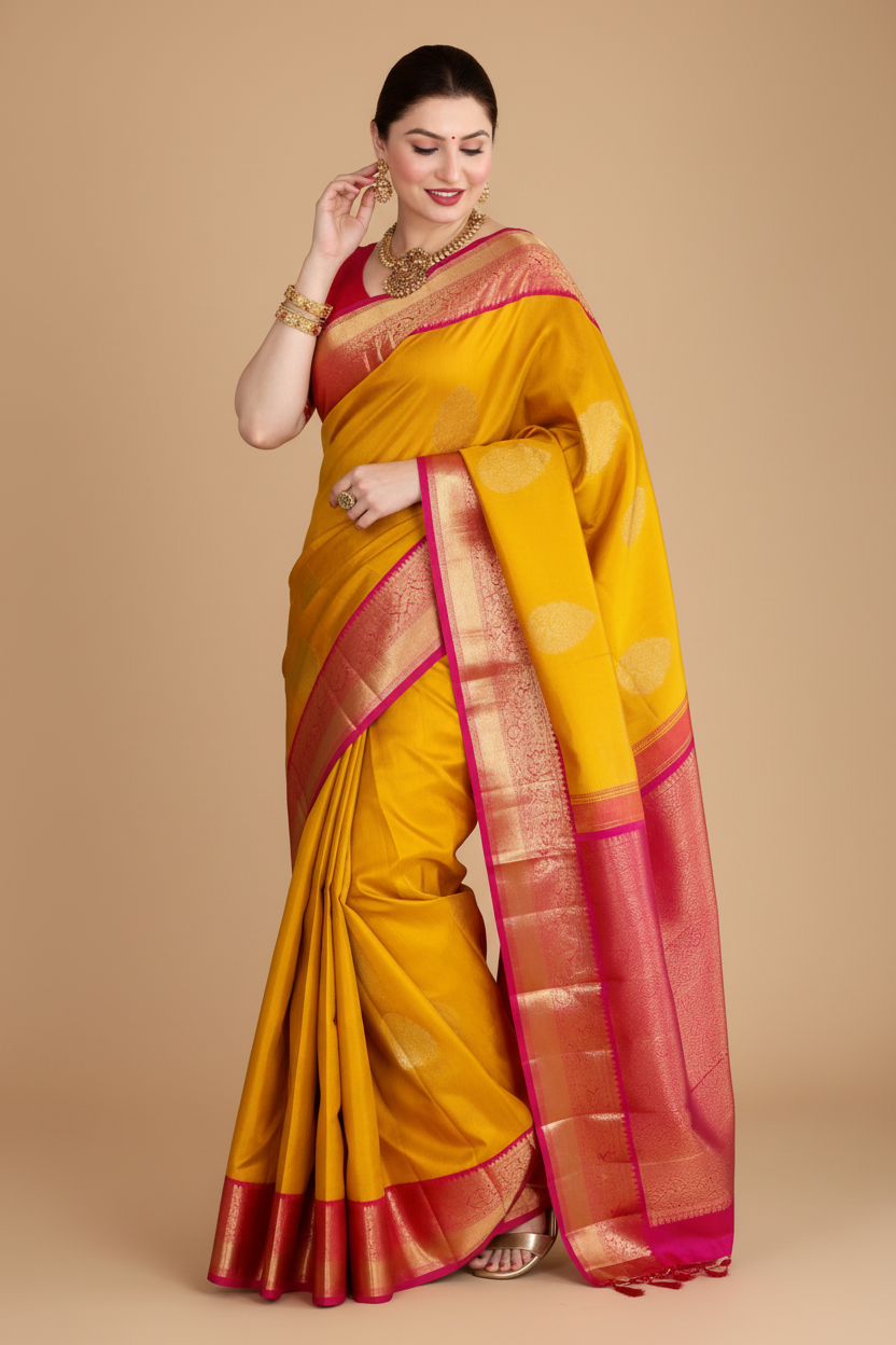 Snuggle Spot Women's Litchi silk Printed Saree With Unstitched Blouse (Yellow)