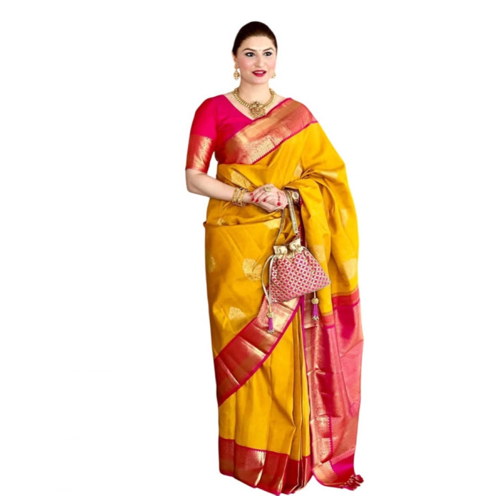 Snuggle Spot Women's Litchi silk Printed Saree With Unstitched Blouse (Yellow)