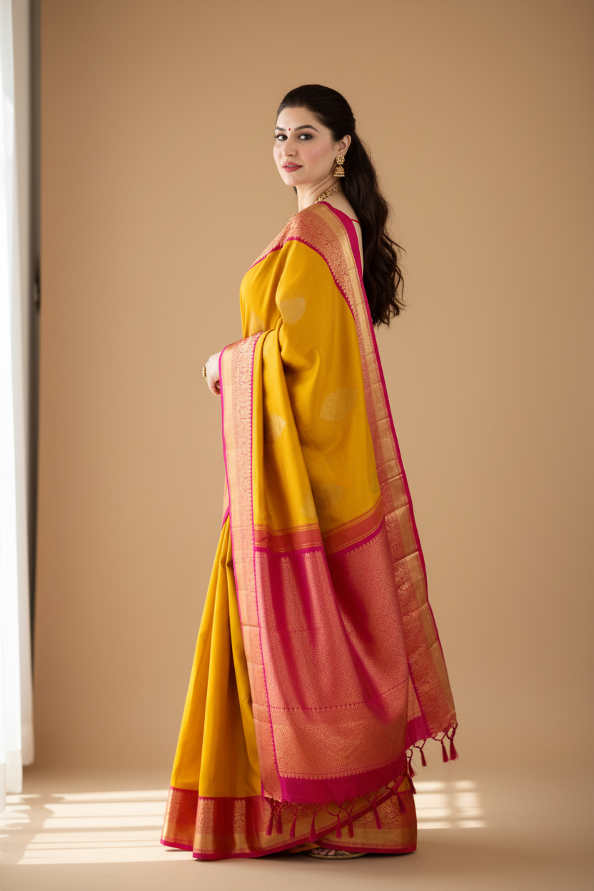 Snuggle Spot Women's Litchi silk Printed Saree With Unstitched Blouse (Yellow)