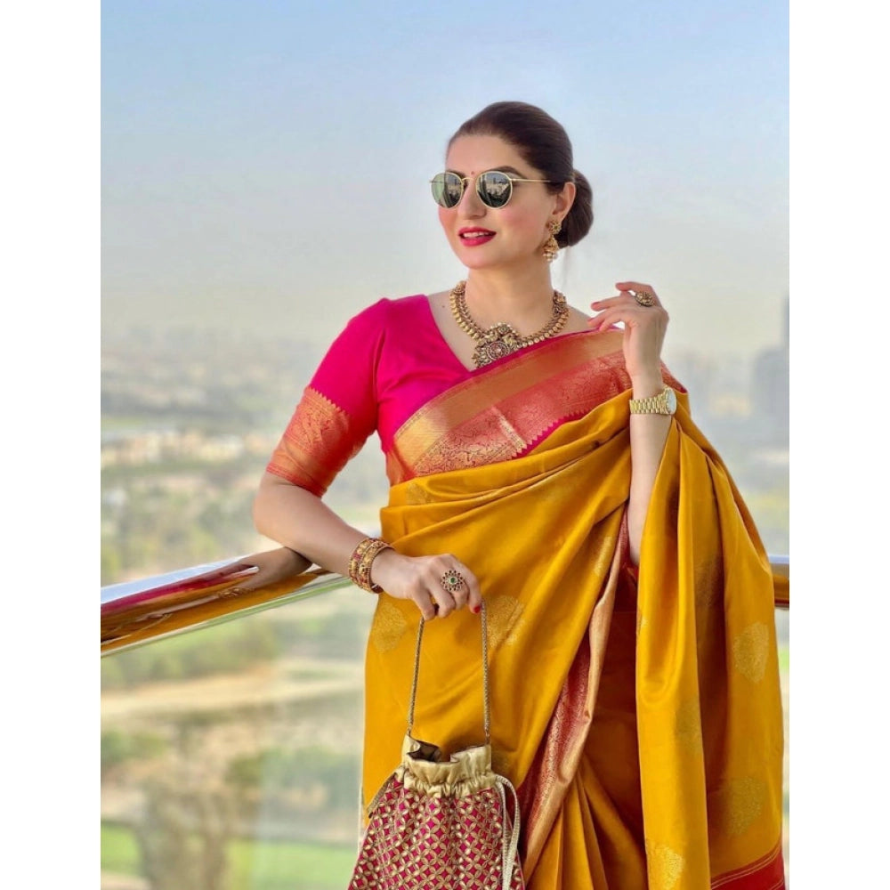 Snuggle Spot Women's Litchi silk Printed Saree With Unstitched Blouse (Yellow)