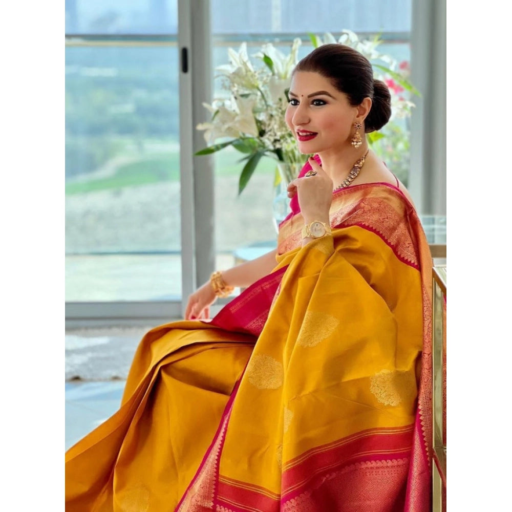 Snuggle Spot Women's Litchi silk Printed Saree With Unstitched Blouse (Yellow)