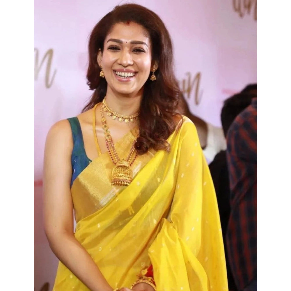 Snuggle Spot Women's Litchi silk Printed Saree With Unstitched Blouse (Yellow)