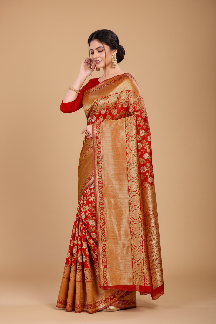 Snuggle Spot Women's Litchi silk Printed Saree With Unstitched Blouse (Red)