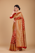 Snuggle Spot Women's Litchi silk Printed Saree With Unstitched Blouse (Red)