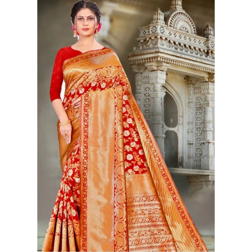 Snuggle Spot Women's Litchi silk Printed Saree With Unstitched Blouse (Red)