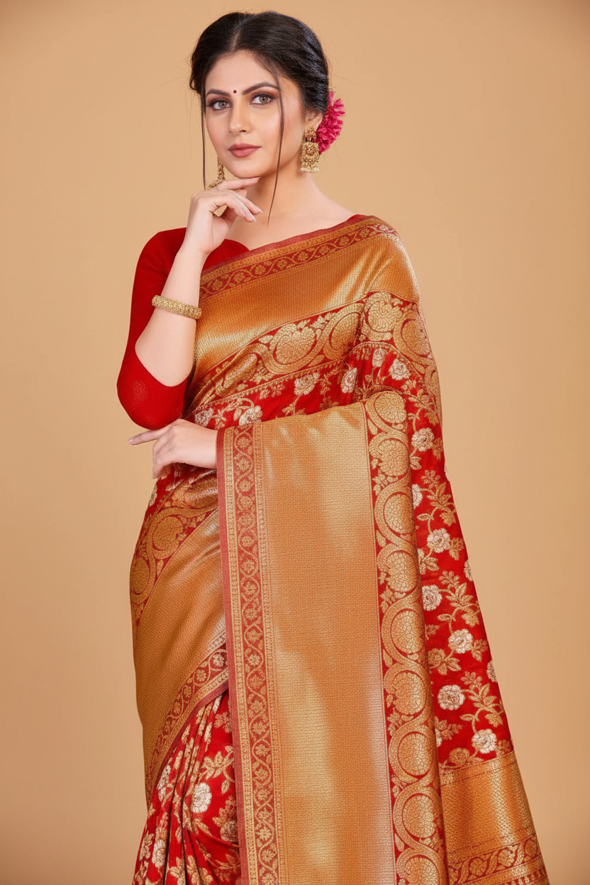 Snuggle Spot Women's Litchi silk Printed Saree With Unstitched Blouse (Red)