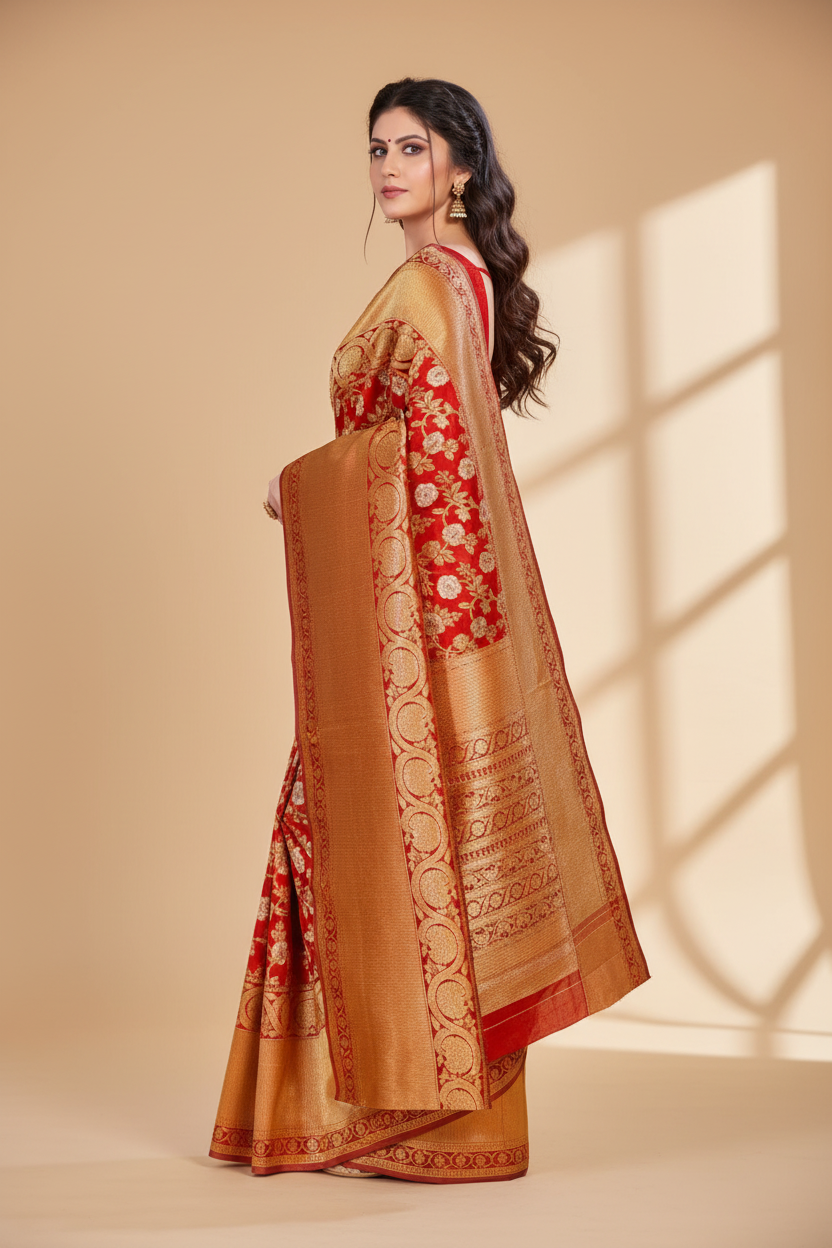 Snuggle Spot Women's Litchi silk Printed Saree With Unstitched Blouse (Red)