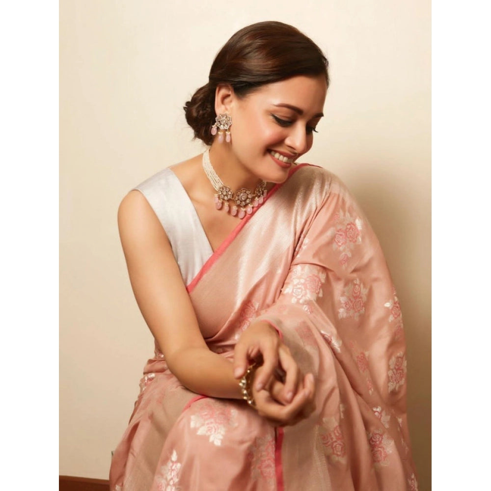 Snuggle Spot Women's Litchi silk Printed Saree With Unstitched Blouse (Peach)