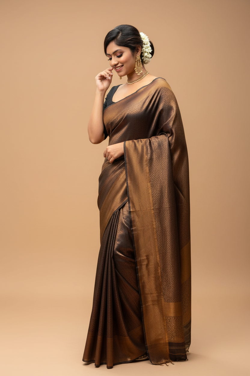 Snuggle Spot Women's Litchi silk Printed Saree With Unstitched Blouse (Gold)