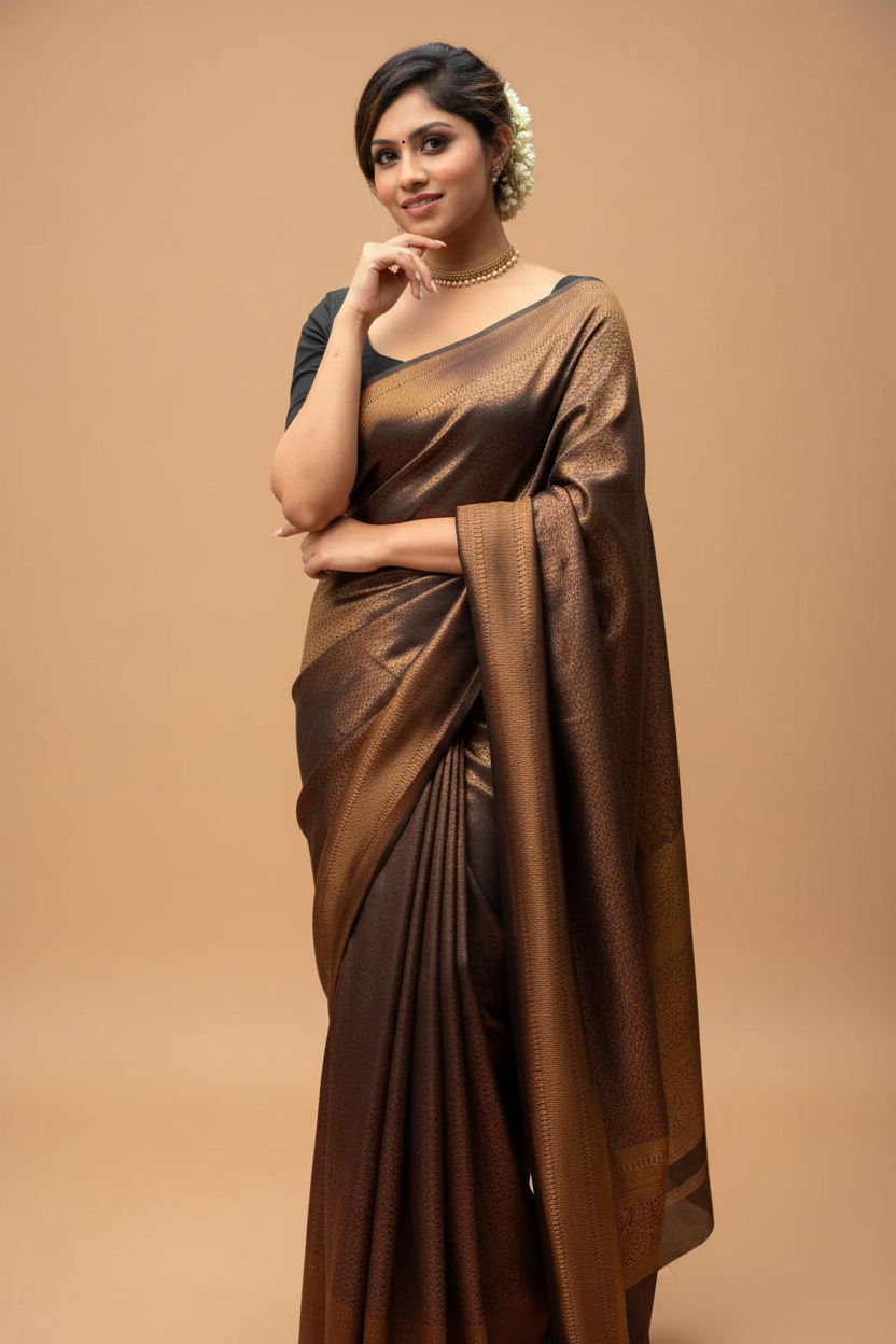 Snuggle Spot Women's Litchi silk Printed Saree With Unstitched Blouse (Gold)