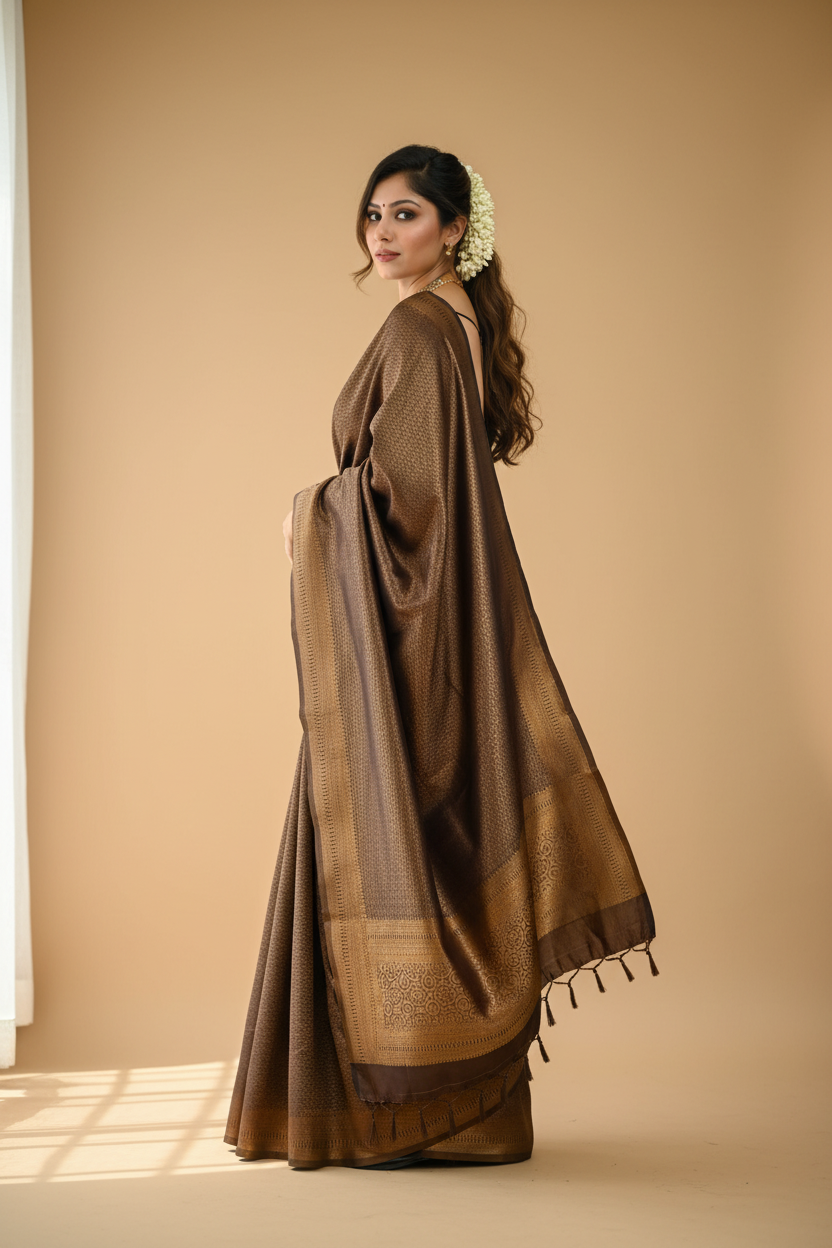 Snuggle Spot Women's Litchi silk Printed Saree With Unstitched Blouse (Gold)