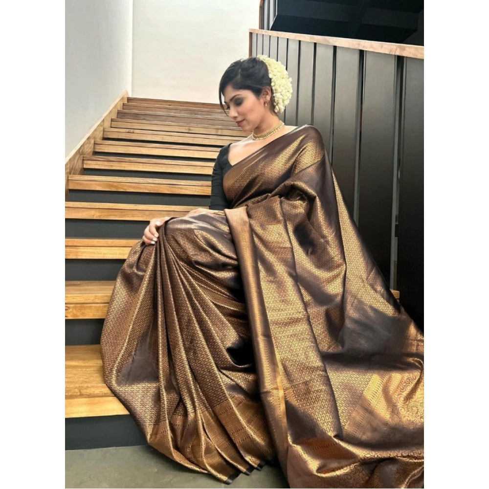 Snuggle Spot Women's Litchi silk Printed Saree With Unstitched Blouse (Gold)