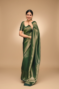 Snuggle Spot Women's Litchi silk Printed Saree With Unstitched Blouse (Green)