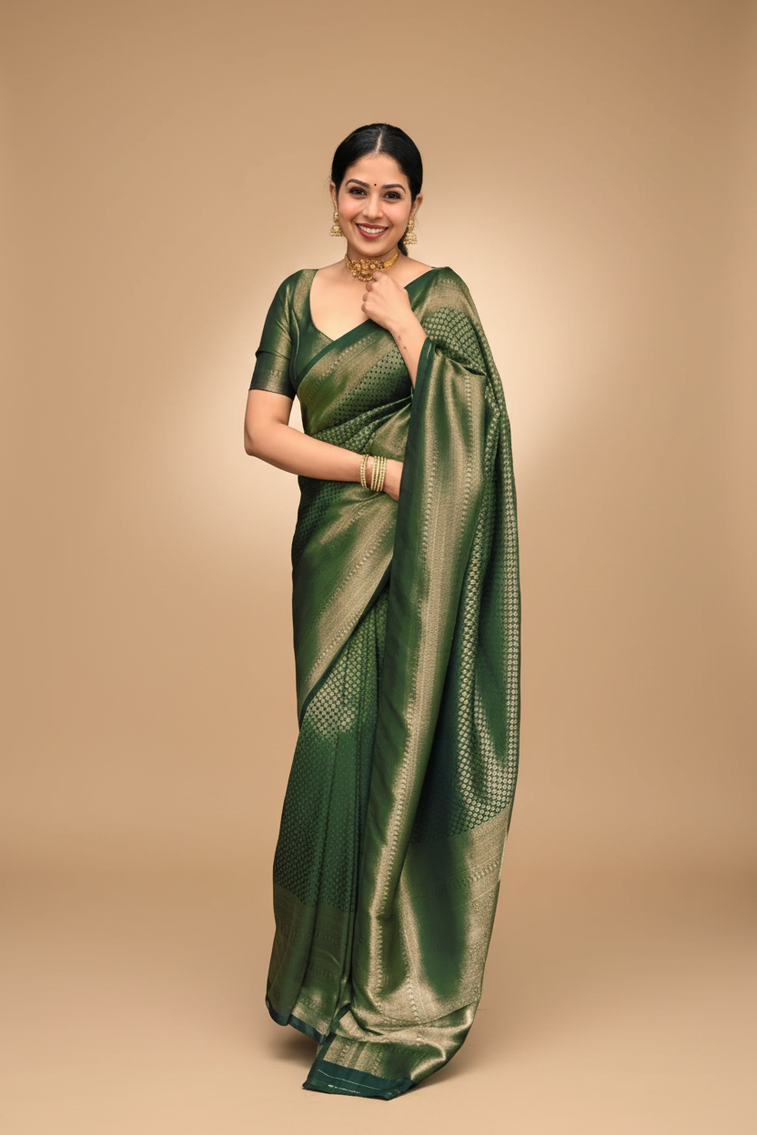Snuggle Spot Women's Litchi silk Printed Saree With Unstitched Blouse (Green)