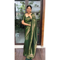 Snuggle Spot Women's Litchi silk Printed Saree With Unstitched Blouse (Green)