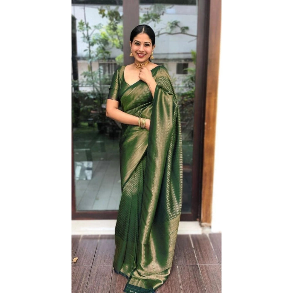 Snuggle Spot Women's Litchi silk Printed Saree With Unstitched Blouse (Green)