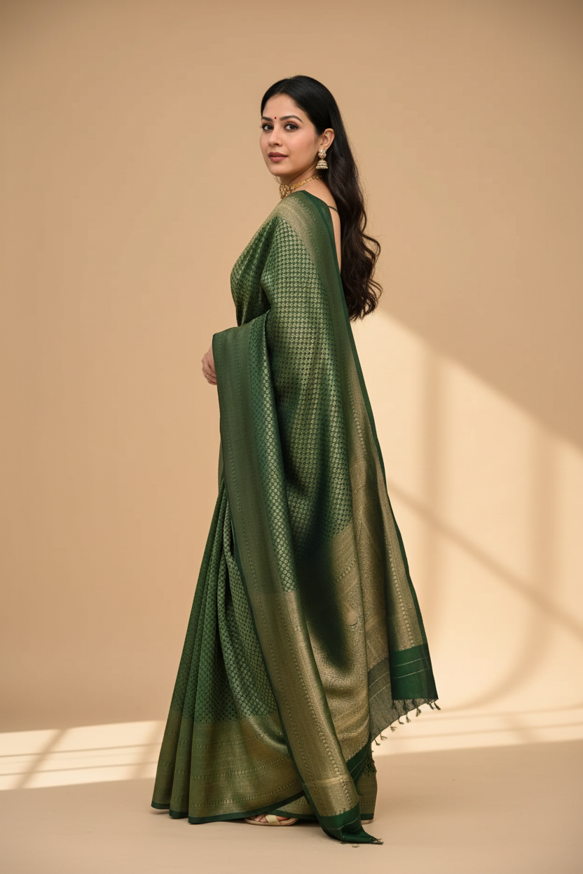 Snuggle Spot Women's Litchi silk Printed Saree With Unstitched Blouse (Green)
