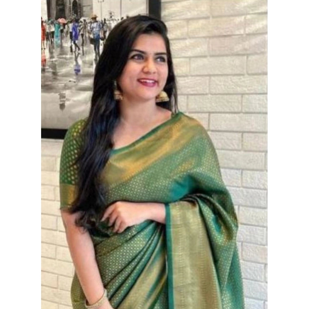 Snuggle Spot Women's Litchi silk Printed Saree With Unstitched Blouse (Green)