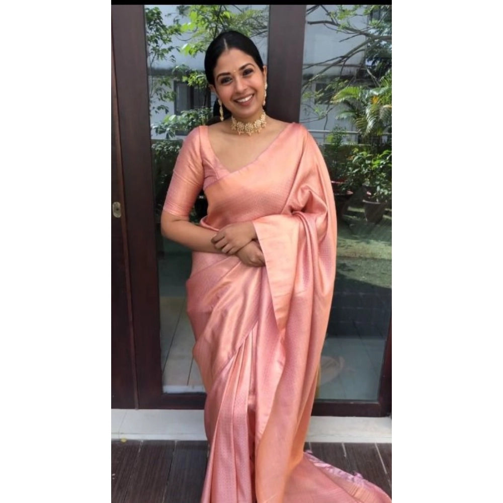 Snuggle Spot Women's Litchi silk Printed Saree With Unstitched Blouse (Peach)