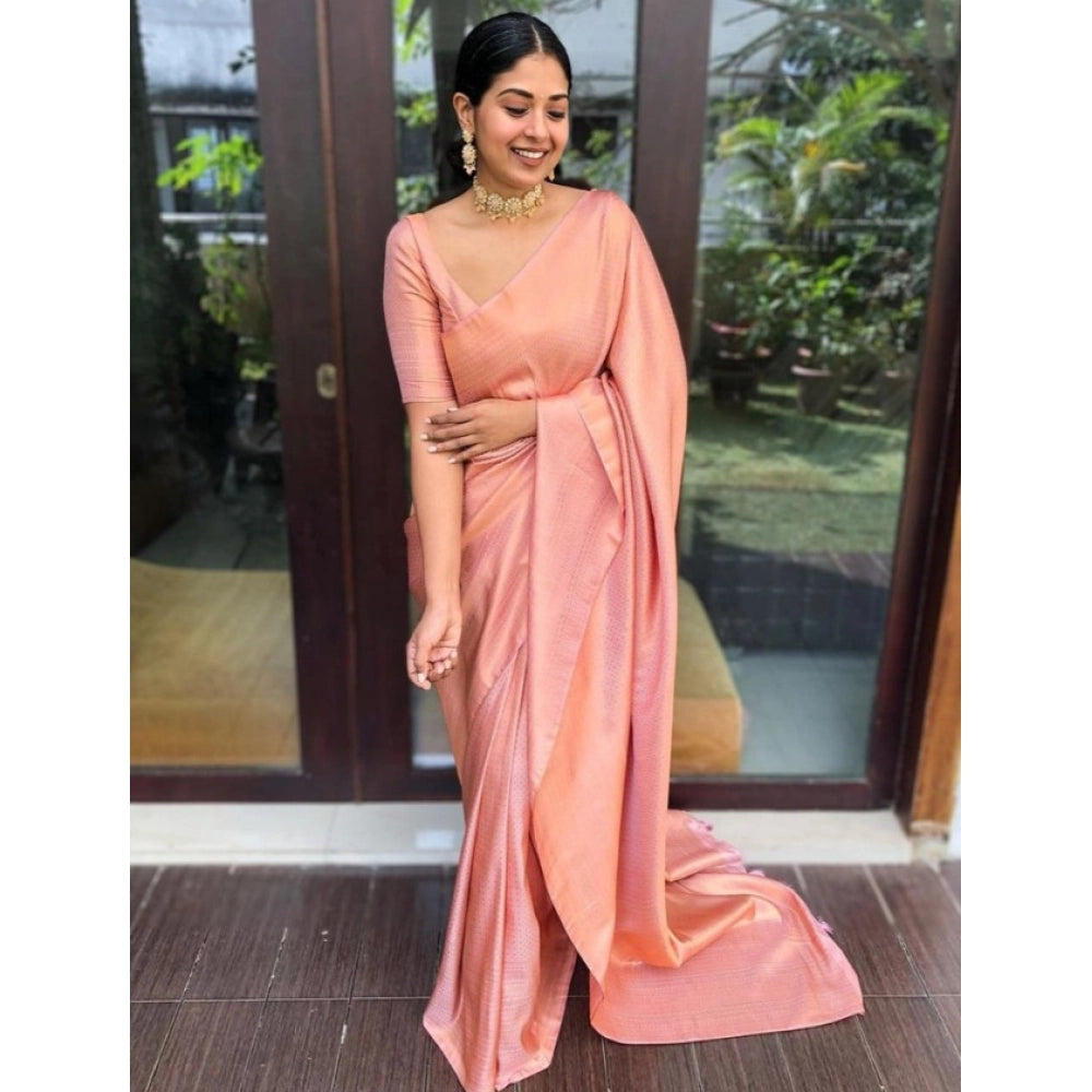 Snuggle Spot Women's Litchi silk Printed Saree With Unstitched Blouse (Peach)