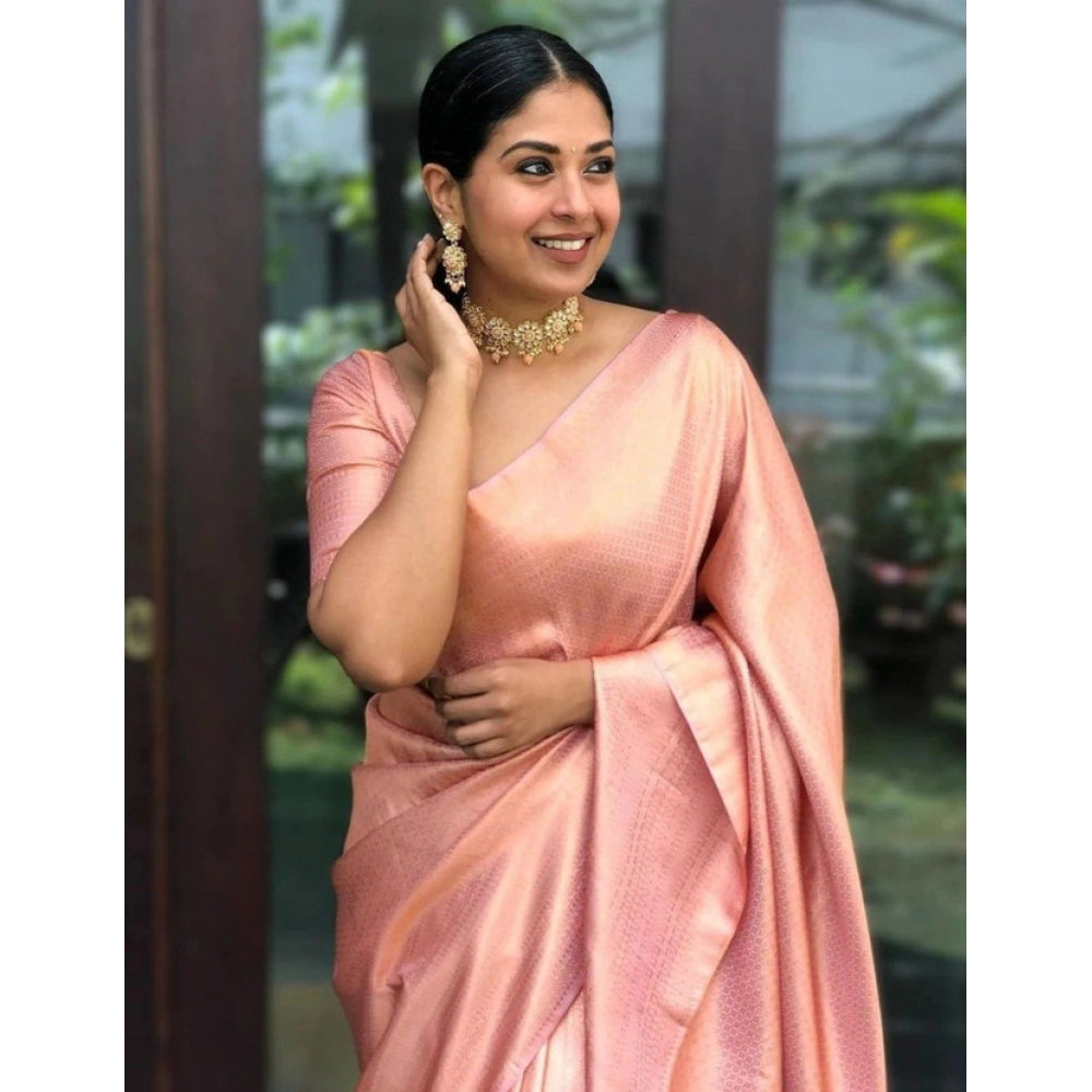 Snuggle Spot Women's Litchi silk Printed Saree With Unstitched Blouse (Peach)