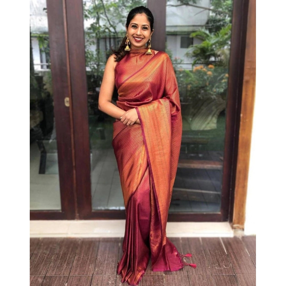 Snuggle Spot Women's Litchi silk Printed Saree With Unstitched Blouse (Red)