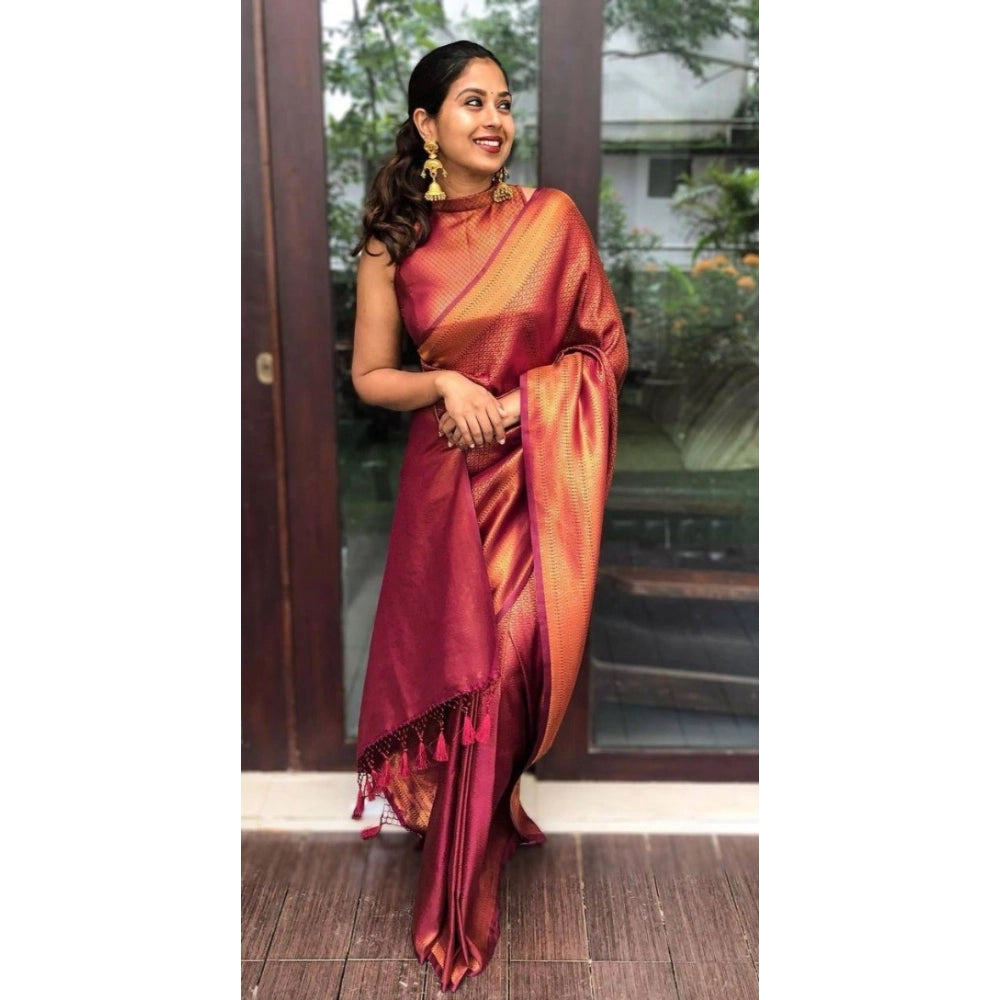 Snuggle Spot Women's Litchi silk Printed Saree With Unstitched Blouse (Red)