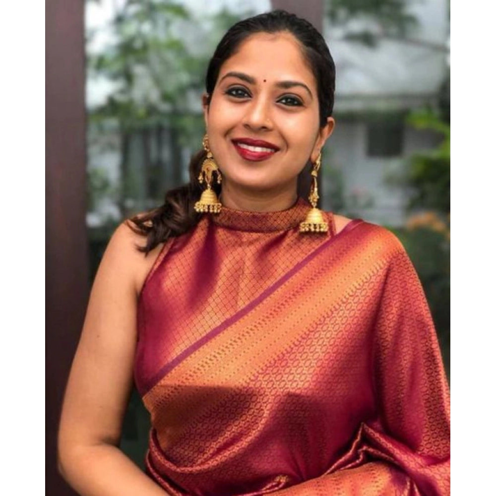 Snuggle Spot Women's Litchi silk Printed Saree With Unstitched Blouse (Red)