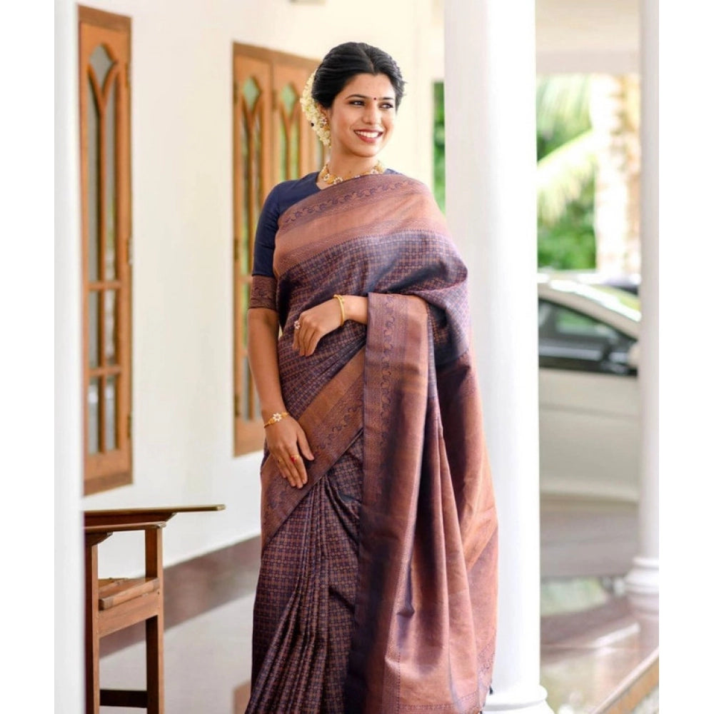 Snuggle Spot Women's Litchi silk Printed Saree With Unstitched Blouse (Navy Blue)