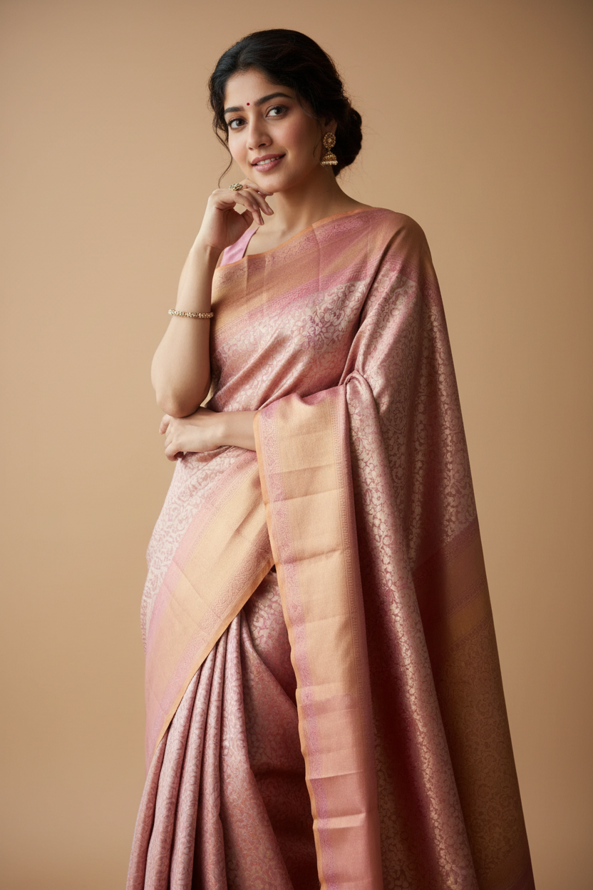 Snuggle Spot Women's Litchi silk Printed Saree With Unstitched Blouse (Light Pink)