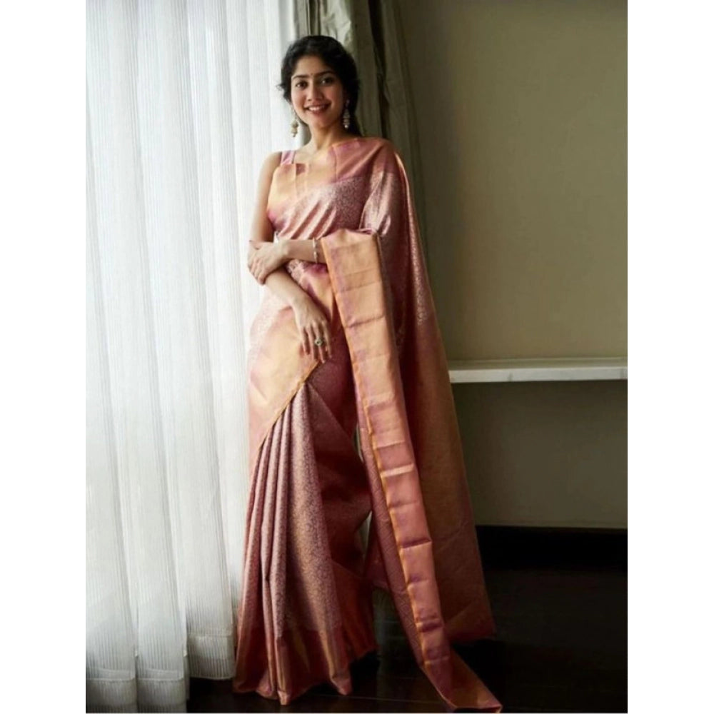 Snuggle Spot Women's Litchi silk Printed Saree With Unstitched Blouse (Light Pink)