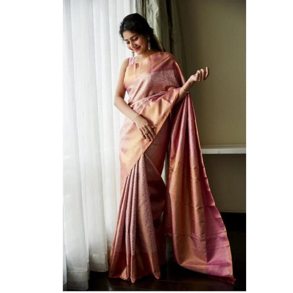 Snuggle Spot Women's Litchi silk Printed Saree With Unstitched Blouse (Light Pink)