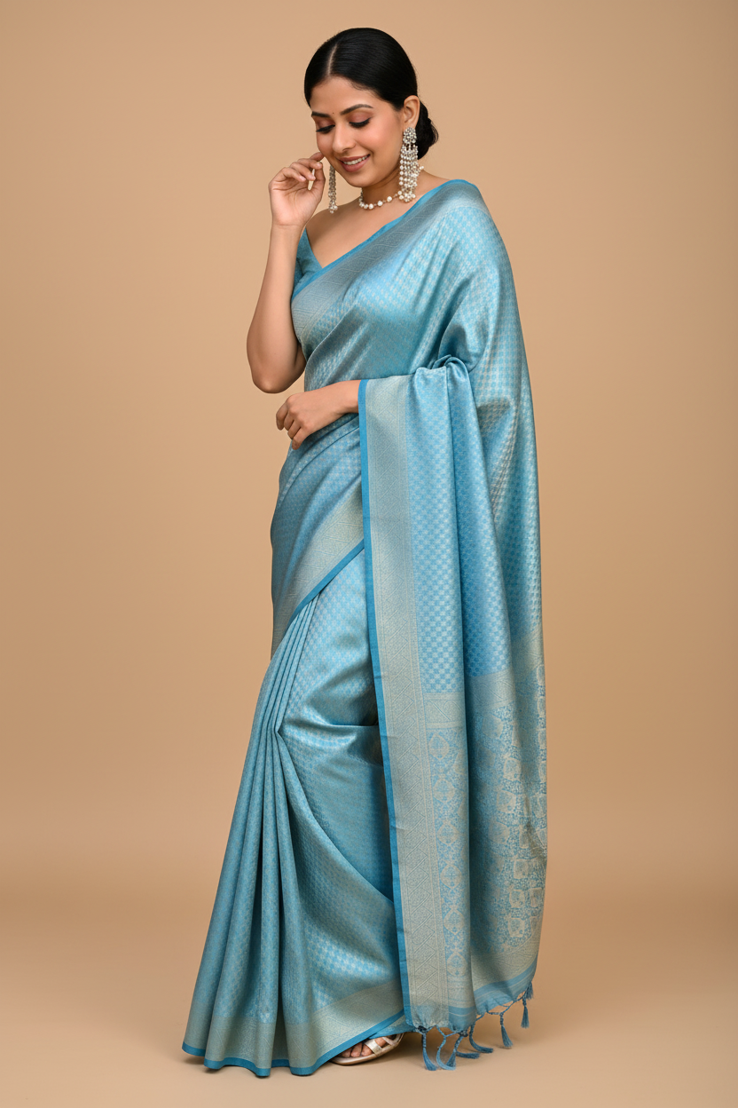 Snuggle Spot Women's Litchi silk Printed Saree With Unstitched Blouse (Sky Blue)