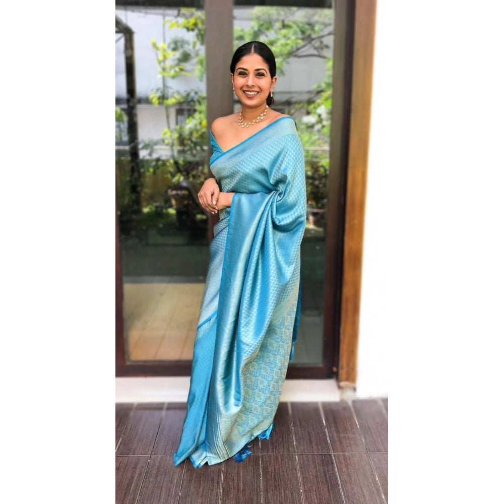 Snuggle Spot Women's Litchi silk Printed Saree With Unstitched Blouse (Sky Blue)