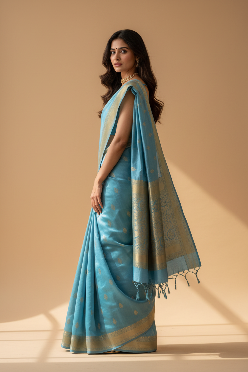 Snuggle Spot Women's Litchi silk Printed Saree With Unstitched Blouse (Sky Blue)