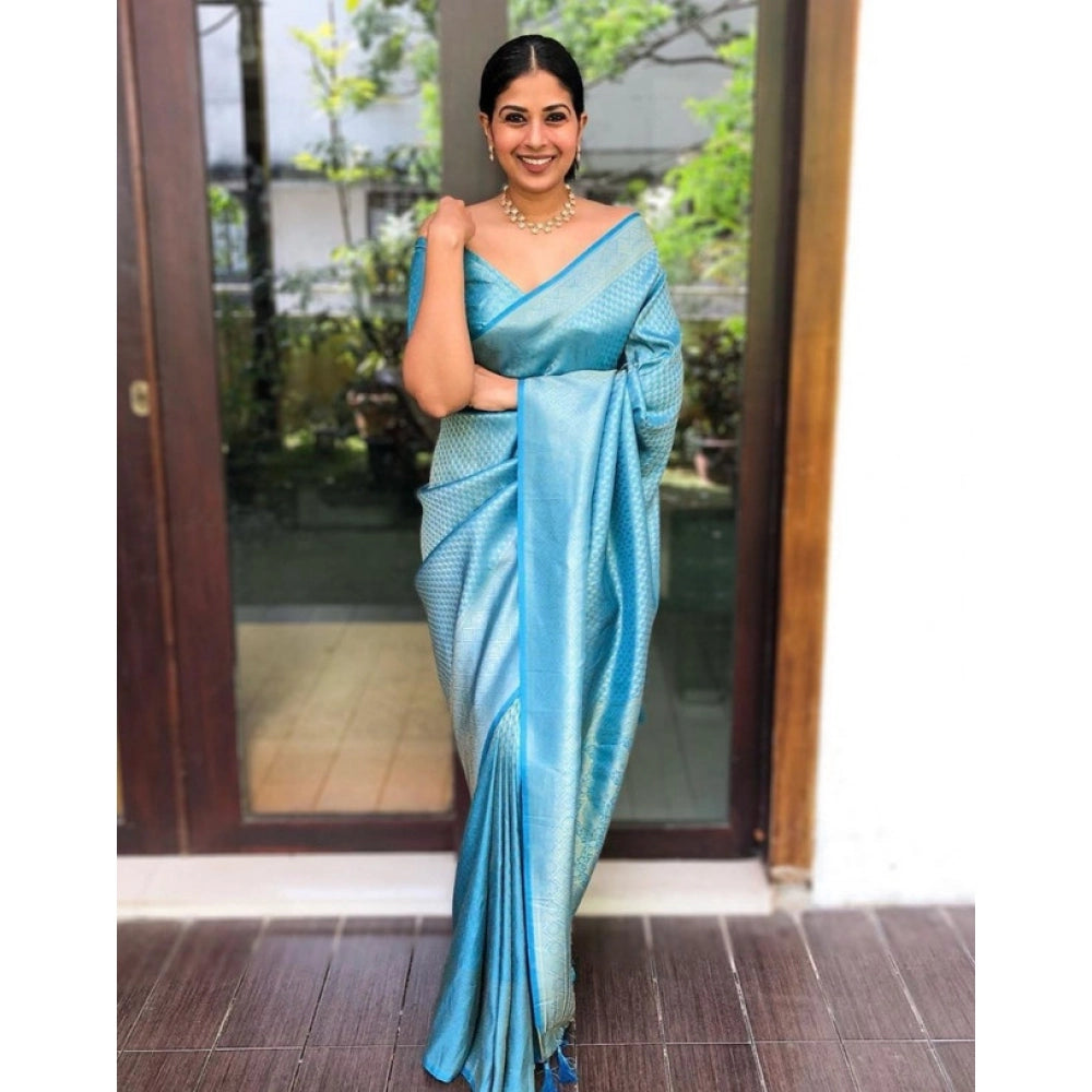 Snuggle Spot Women's Litchi silk Printed Saree With Unstitched Blouse (Sky Blue)