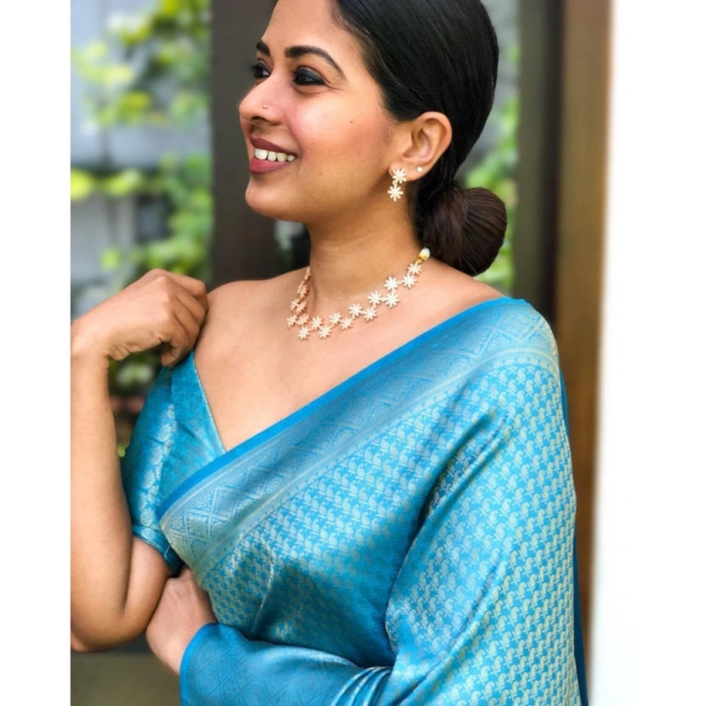 Snuggle Spot Women's Litchi silk Printed Saree With Unstitched Blouse (Sky Blue)
