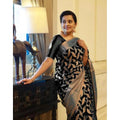 Snuggle Spot Women's Litchi silk Printed Saree With Unstitched Blouse (Black)