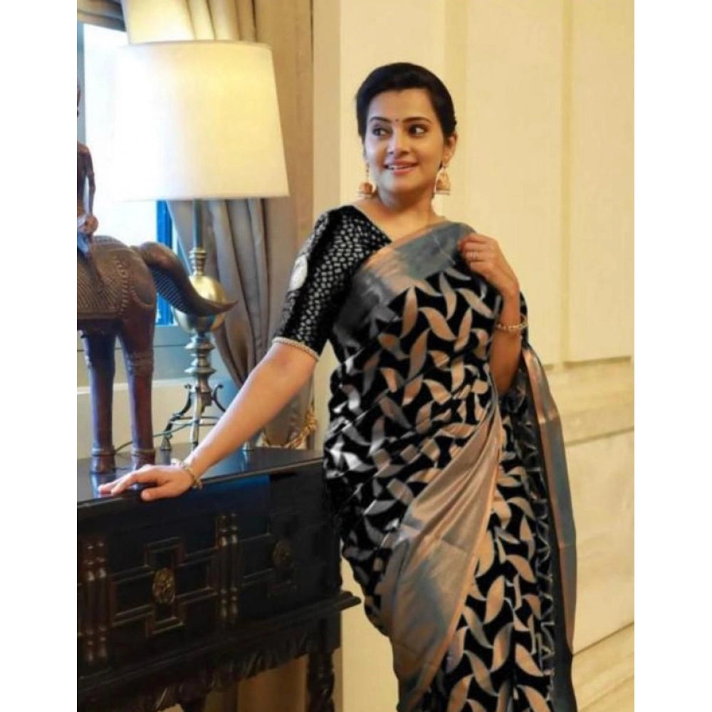 Snuggle Spot Women's Litchi silk Printed Saree With Unstitched Blouse (Black)